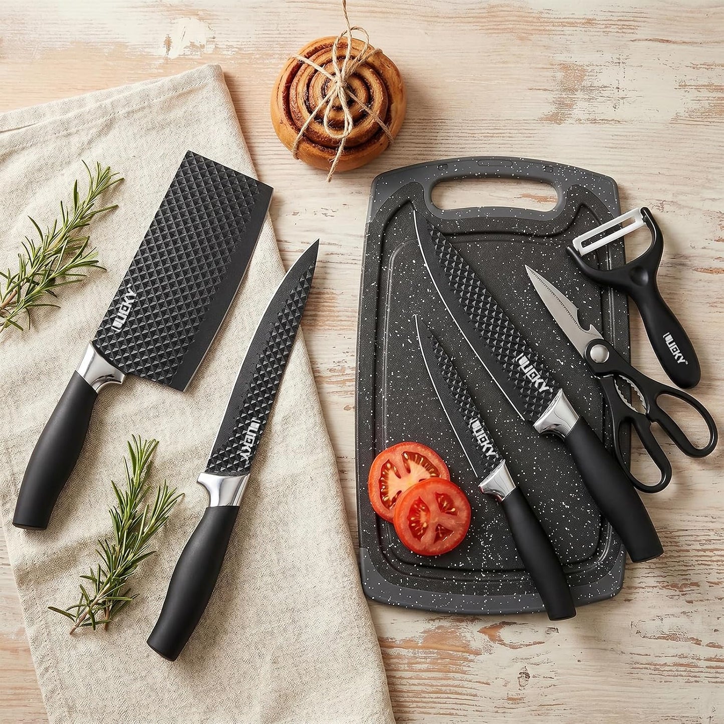 Knife Set, 6 Pieces Kitchen knife Set with Healthy Anti-Rust Coating, Stainless Steel Professional Chef Knife Sets with Elegant Box, Kitchen Knives with Scissors & Peeler for Cooking, Dishwasher Safe