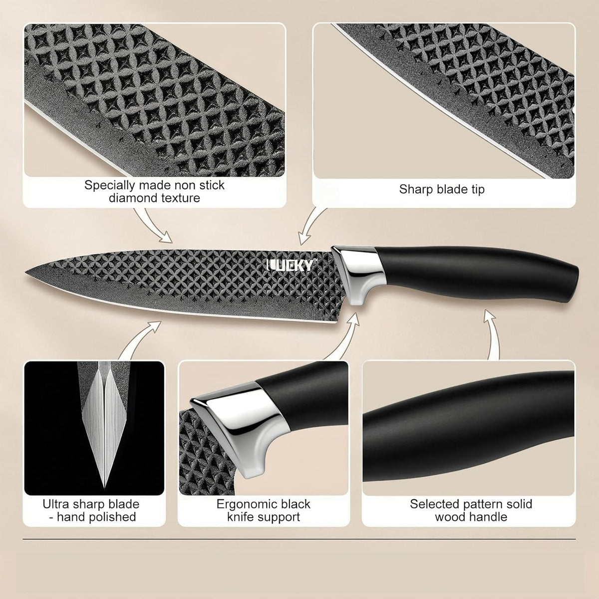 Knife Set, 6 Pieces Kitchen knife Set with Healthy Anti-Rust Coating, Stainless Steel Professional Chef Knife Sets with Elegant Box, Kitchen Knives with Scissors & Peeler for Cooking, Dishwasher Safe