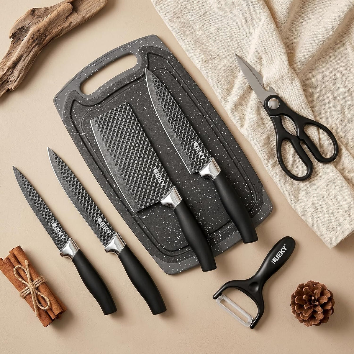 Knife Set, 6 Pieces Kitchen knife Set with Healthy Anti-Rust Coating, Stainless Steel Professional Chef Knife Sets with Elegant Box, Kitchen Knives with Scissors & Peeler for Cooking, Dishwasher Safe