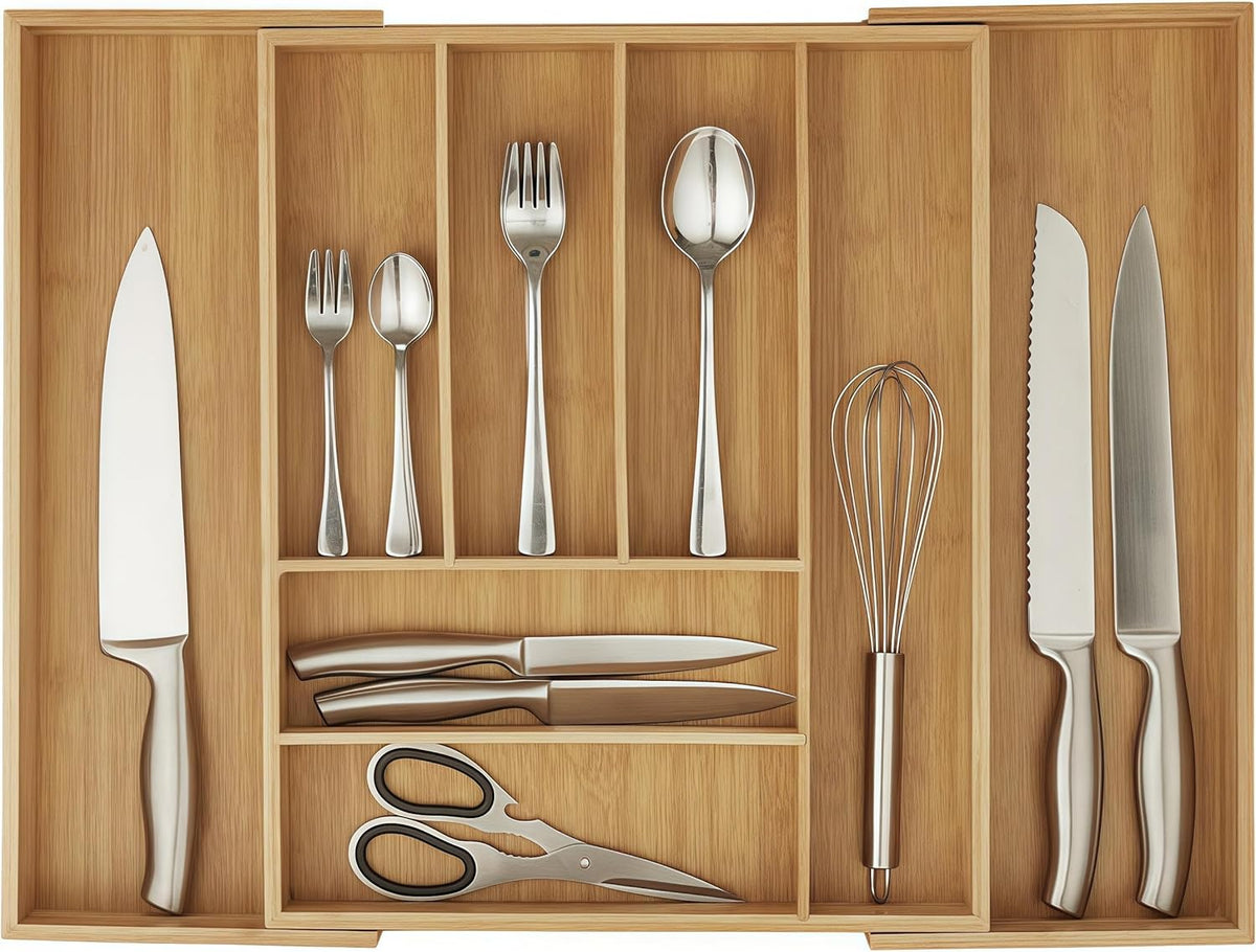 Bamboo Drawer Organizer - Expandable Kitchen Utensil Holder, Adjustable Silverware Drawer Organization, Kitchen Wooden Tray for Cutlery, Flatware & Stationery, 6-8 Slots (Natural)