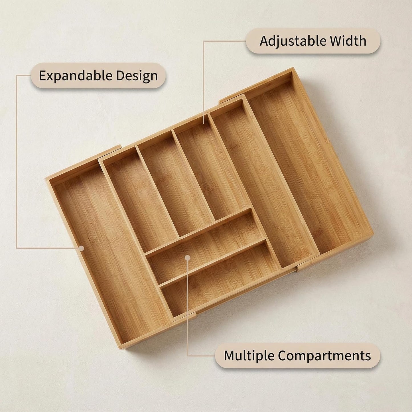 Bamboo Drawer Organizer - Expandable Kitchen Utensil Holder, Adjustable Silverware Drawer Organization, Kitchen Wooden Tray for Cutlery, Flatware & Stationery, 6-8 Slots (Natural)