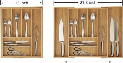 Bamboo Drawer Organizer - Expandable Kitchen Utensil Holder, Adjustable Silverware Drawer Organization, Kitchen Wooden Tray for Cutlery, Flatware & Stationery, 6-8 Slots (Natural)
