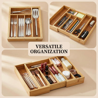 Bamboo Drawer Organizer - Expandable Kitchen Utensil Holder, Adjustable Silverware Drawer Organization, Kitchen Wooden Tray for Cutlery, Flatware & Stationery, 6-8 Slots (Natural)
