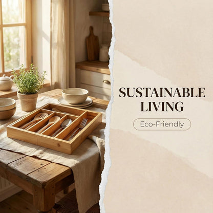 Bamboo Drawer Organizer - Expandable Kitchen Utensil Holder, Adjustable Silverware Drawer Organization, Kitchen Wooden Tray for Cutlery, Flatware & Stationery, 6-8 Slots (Natural)