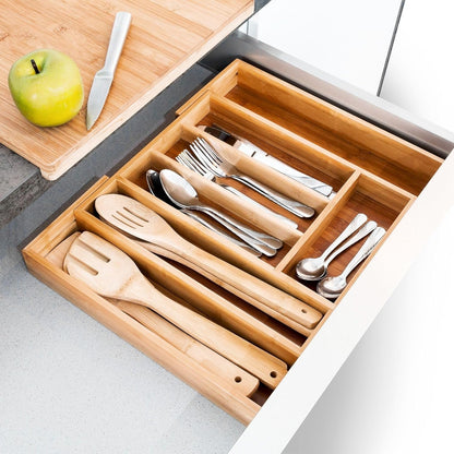 Bamboo Drawer Organizer - Expandable Kitchen Utensil Holder, Adjustable Silverware Drawer Organization, Kitchen Wooden Tray for Cutlery, Flatware & Stationery, 6-8 Slots (Natural)