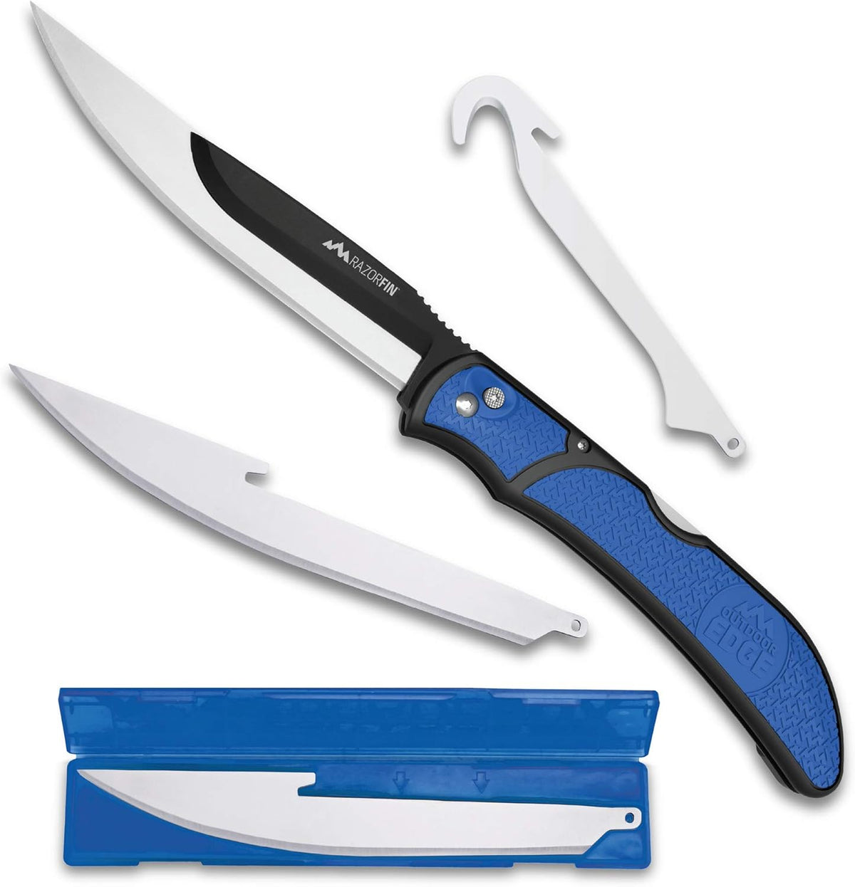 Razor-Fin | 5" Razor Sharp Replaceable Blade Folding Fillet Knife with Pocket Clip, 3 Fillet Blades, 1 Gut Hook Blade and Blade Storage Box | Filet Knife For Fish, Awesome Fishing Gift