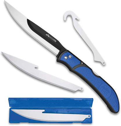 Razor-Fin | 5" Razor Sharp Replaceable Blade Folding Fillet Knife with Pocket Clip, 3 Fillet Blades, 1 Gut Hook Blade and Blade Storage Box | Filet Knife For Fish, Awesome Fishing Gift