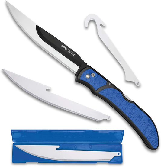 Razor-Fin | 5" Razor Sharp Replaceable Blade Folding Fillet Knife with Pocket Clip, 3 Fillet Blades, 1 Gut Hook Blade and Blade Storage Box | Filet Knife For Fish, Awesome Fishing Gift