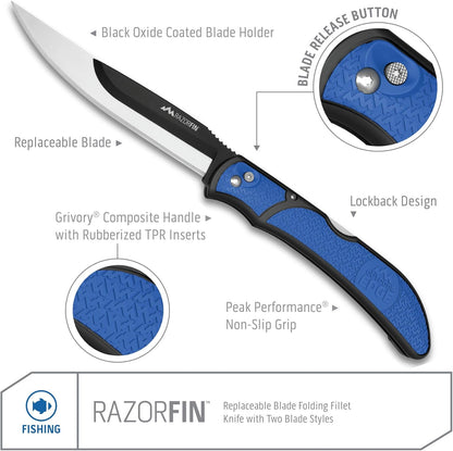 Razor-Fin | 5" Razor Sharp Replaceable Blade Folding Fillet Knife with Pocket Clip, 3 Fillet Blades, 1 Gut Hook Blade and Blade Storage Box | Filet Knife For Fish, Awesome Fishing Gift