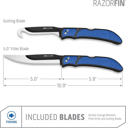 Razor-Fin | 5" Razor Sharp Replaceable Blade Folding Fillet Knife with Pocket Clip, 3 Fillet Blades, 1 Gut Hook Blade and Blade Storage Box | Filet Knife For Fish, Awesome Fishing Gift