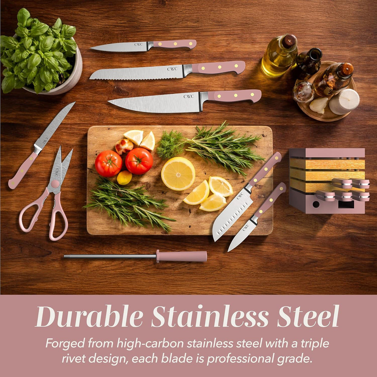 14 Pieces Kitchen Knife Block Set, Knives for Kitchen, Forged Cutlery with Razor-Sharp High Carbon Steel Blades, Magnetic Block