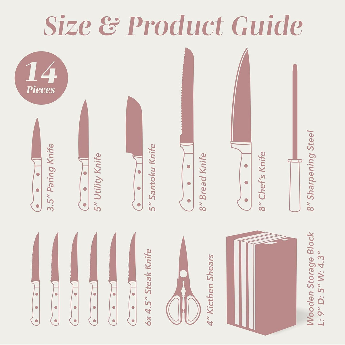 14 Pieces Kitchen Knife Block Set, Knives for Kitchen, Forged Cutlery with Razor-Sharp High Carbon Steel Blades, Magnetic Block