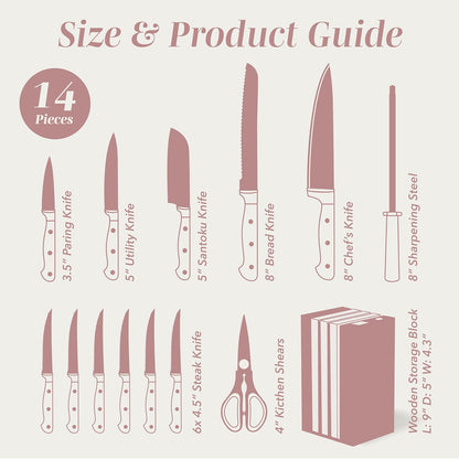 14 Pieces Kitchen Knife Block Set, Knives for Kitchen, Forged Cutlery with Razor-Sharp High Carbon Steel Blades, Magnetic Block