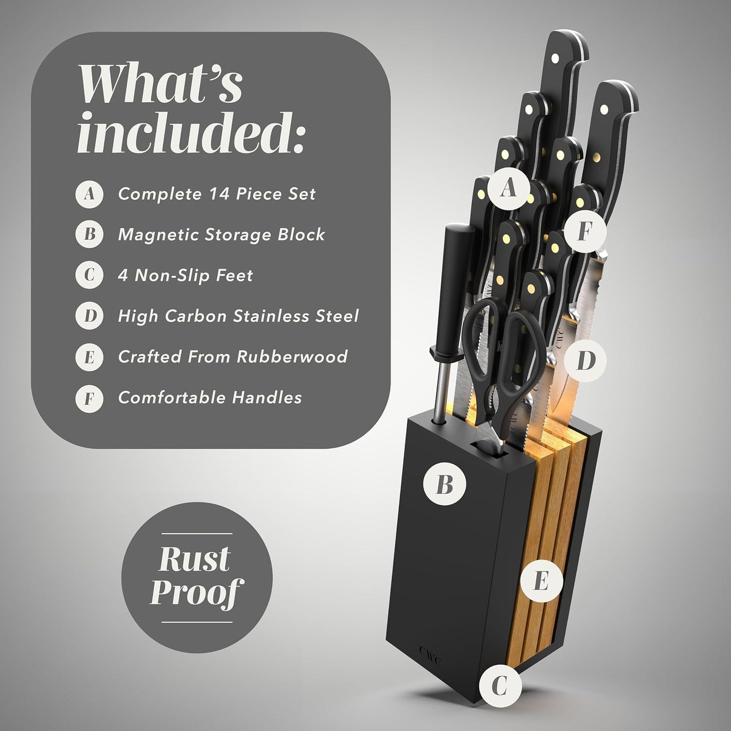 14 Pieces Kitchen Knife Block Set, Knives for Kitchen, Forged Cutlery with Razor-Sharp High Carbon Steel Blades, Magnetic Block