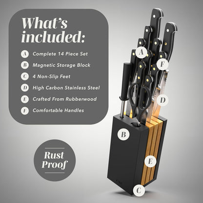 14 Pieces Kitchen Knife Block Set, Knives for Kitchen, Forged Cutlery with Razor-Sharp High Carbon Steel Blades, Magnetic Block