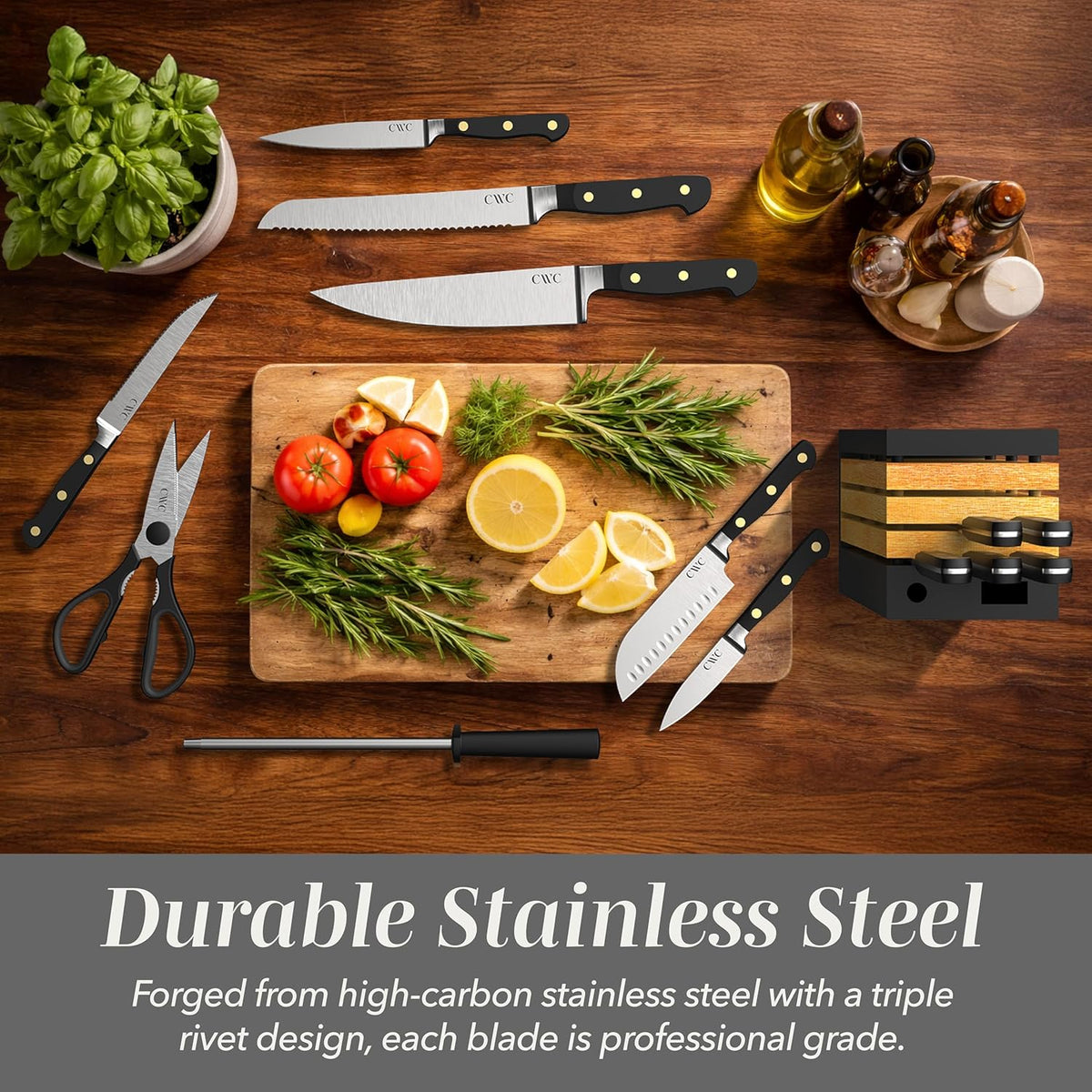 14 Pieces Kitchen Knife Block Set, Knives for Kitchen, Forged Cutlery with Razor-Sharp High Carbon Steel Blades, Magnetic Block