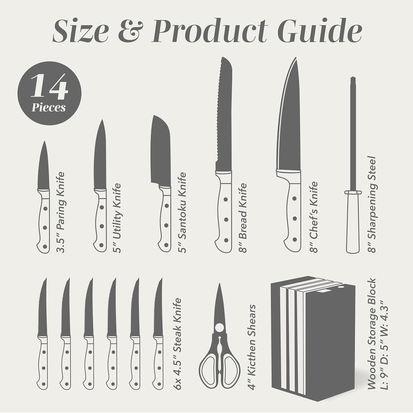 14 Pieces Kitchen Knife Block Set, Knives for Kitchen, Forged Cutlery with Razor-Sharp High Carbon Steel Blades, Magnetic Block