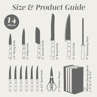 14 Pieces Kitchen Knife Block Set, Knives for Kitchen, Forged Cutlery with Razor-Sharp High Carbon Steel Blades, Magnetic Block