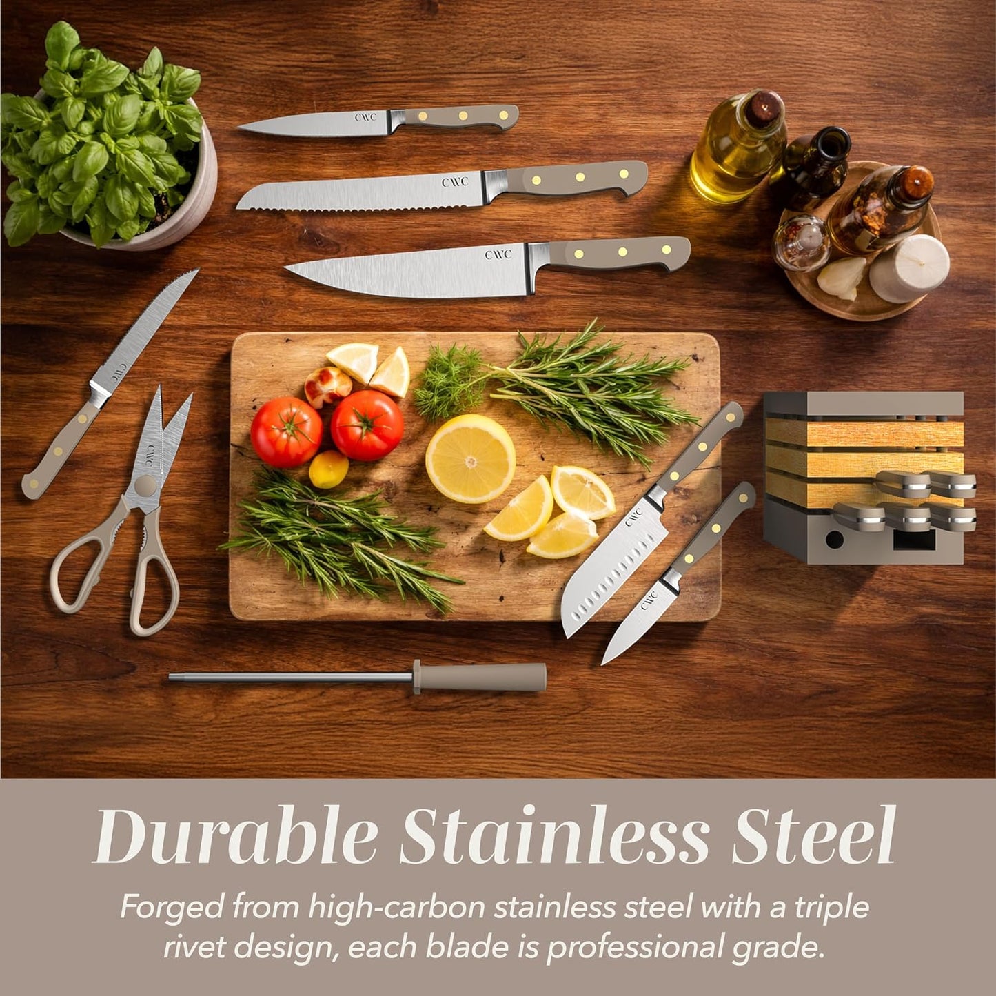 14 Pieces Kitchen Knife Block Set, Knives for Kitchen, Forged Cutlery with Razor-Sharp High Carbon Steel Blades, Magnetic Block