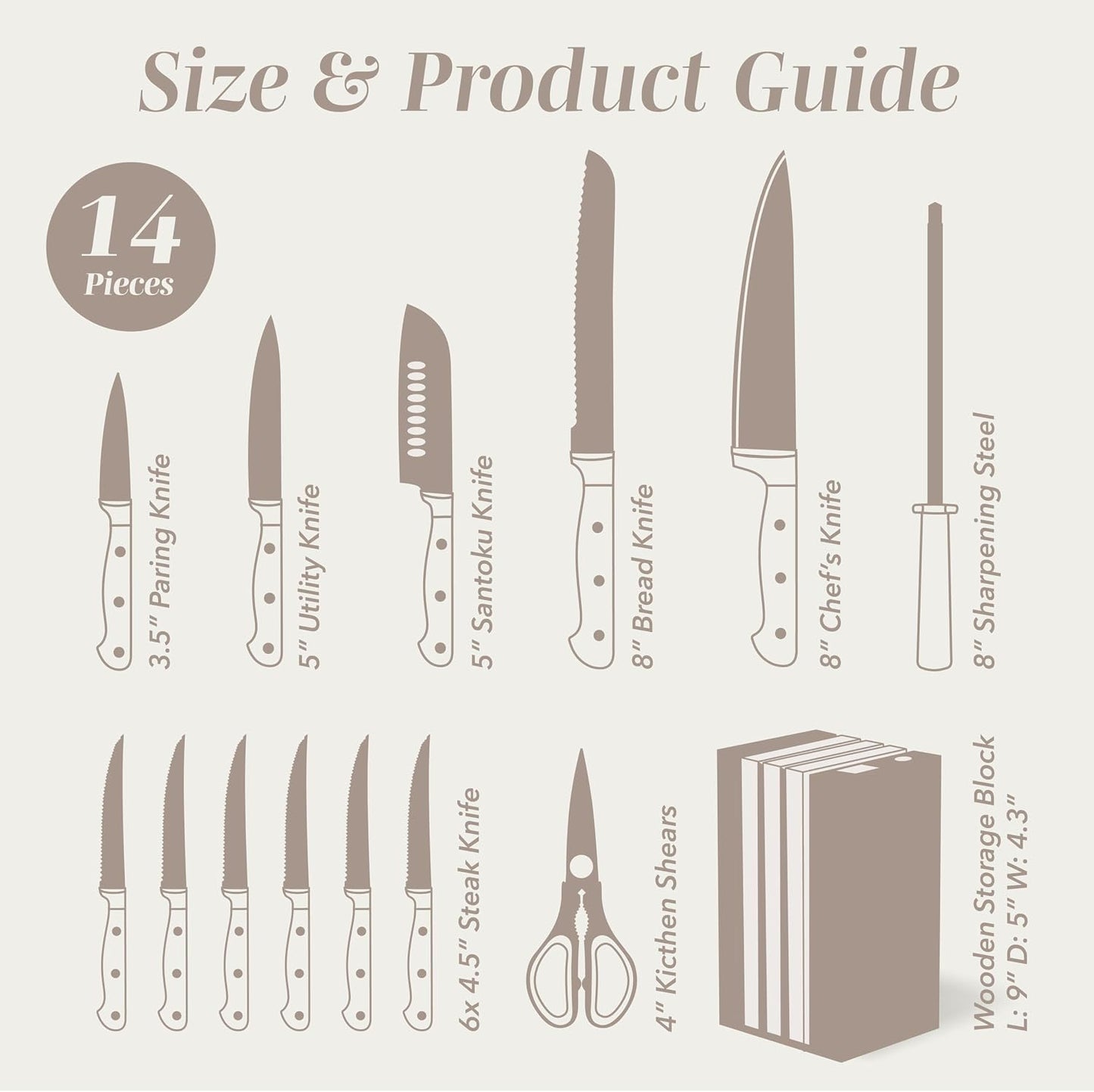 14 Pieces Kitchen Knife Block Set, Knives for Kitchen, Forged Cutlery with Razor-Sharp High Carbon Steel Blades, Magnetic Block