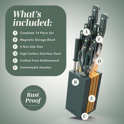 14 Pieces Kitchen Knife Block Set, Knives for Kitchen, Forged Cutlery with Razor-Sharp High Carbon Steel Blades, Magnetic Block