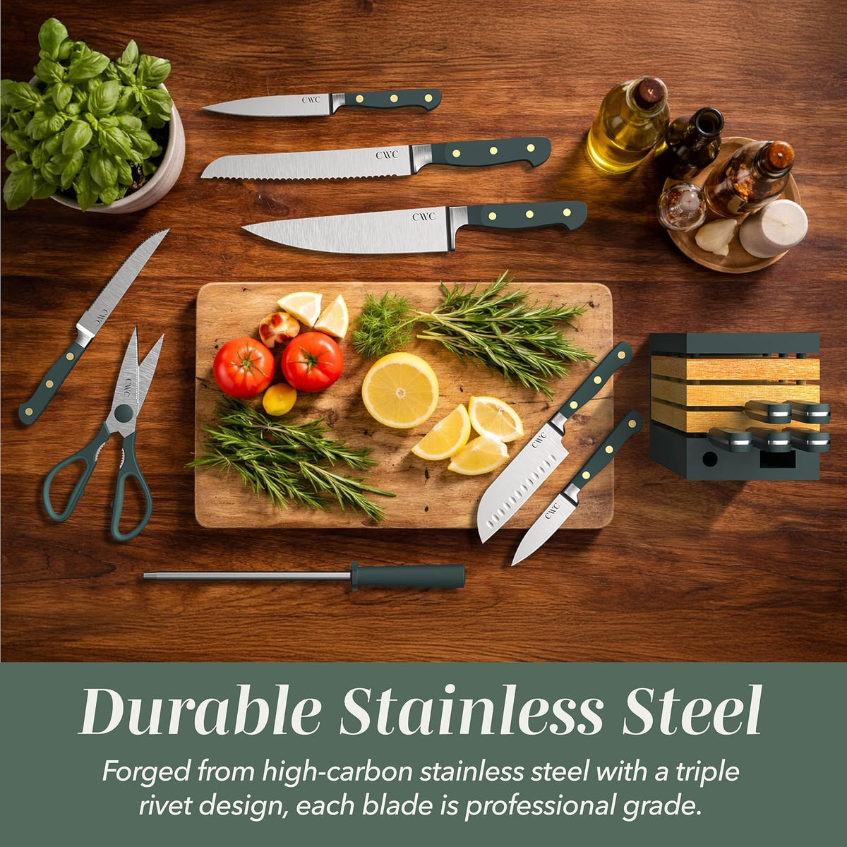 14 Pieces Kitchen Knife Block Set, Knives for Kitchen, Forged Cutlery with Razor-Sharp High Carbon Steel Blades, Magnetic Block