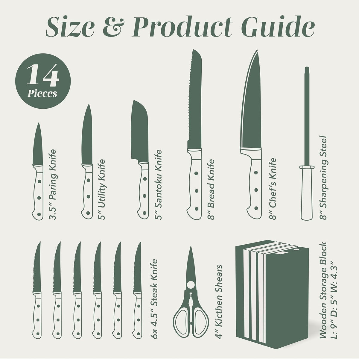 14 Pieces Kitchen Knife Block Set, Knives for Kitchen, Forged Cutlery with Razor-Sharp High Carbon Steel Blades, Magnetic Block