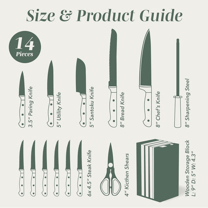 14 Pieces Kitchen Knife Block Set, Knives for Kitchen, Forged Cutlery with Razor-Sharp High Carbon Steel Blades, Magnetic Block