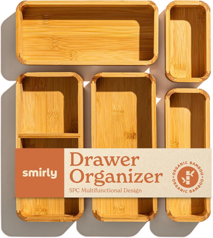 5-Piece Bamboo Kitchen Drawer Organizer Set for Large and Small Utensils, Multi-use Storage Box - Bathroom, Nightstand, Jewelry, Cutlery, Knife, Spice, Towel, Junk Drawer Tray