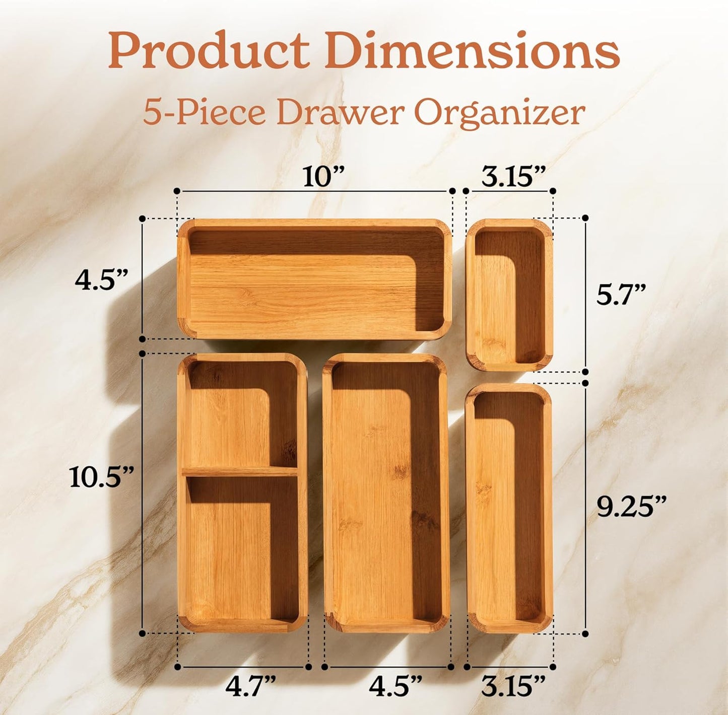 5-Piece Bamboo Kitchen Drawer Organizer Set for Large and Small Utensils, Multi-use Storage Box - Bathroom, Nightstand, Jewelry, Cutlery, Knife, Spice, Towel, Junk Drawer Tray