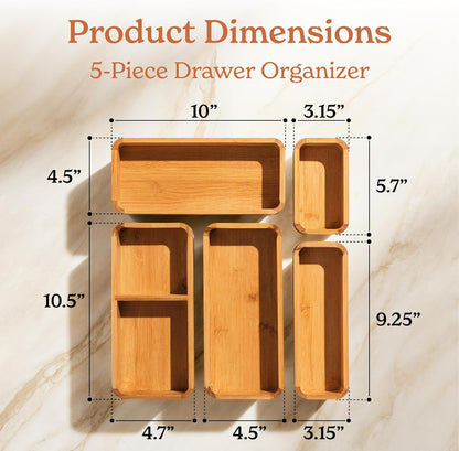 5-Piece Bamboo Kitchen Drawer Organizer Set for Large and Small Utensils, Multi-use Storage Box - Bathroom, Nightstand, Jewelry, Cutlery, Knife, Spice, Towel, Junk Drawer Tray
