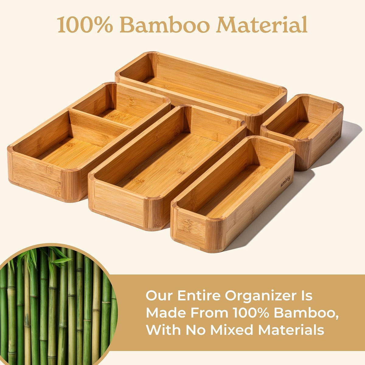 5-Piece Bamboo Kitchen Drawer Organizer Set for Large and Small Utensils, Multi-use Storage Box - Bathroom, Nightstand, Jewelry, Cutlery, Knife, Spice, Towel, Junk Drawer Tray