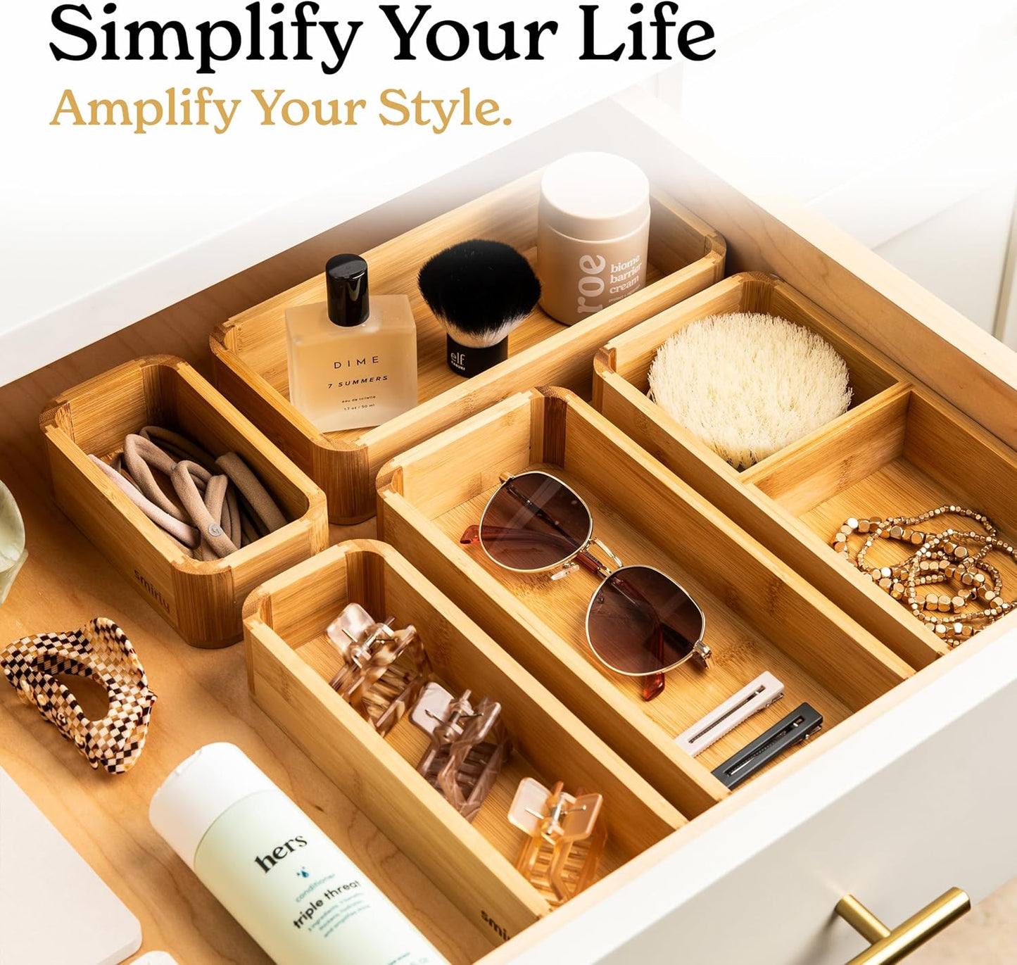 5-Piece Bamboo Kitchen Drawer Organizer Set for Large and Small Utensils, Multi-use Storage Box - Bathroom, Nightstand, Jewelry, Cutlery, Knife, Spice, Towel, Junk Drawer Tray