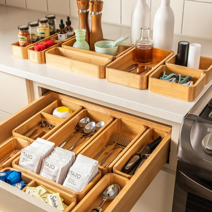 5-Piece Bamboo Kitchen Drawer Organizer Set for Large and Small Utensils, Multi-use Storage Box - Bathroom, Nightstand, Jewelry, Cutlery, Knife, Spice, Towel, Junk Drawer Tray