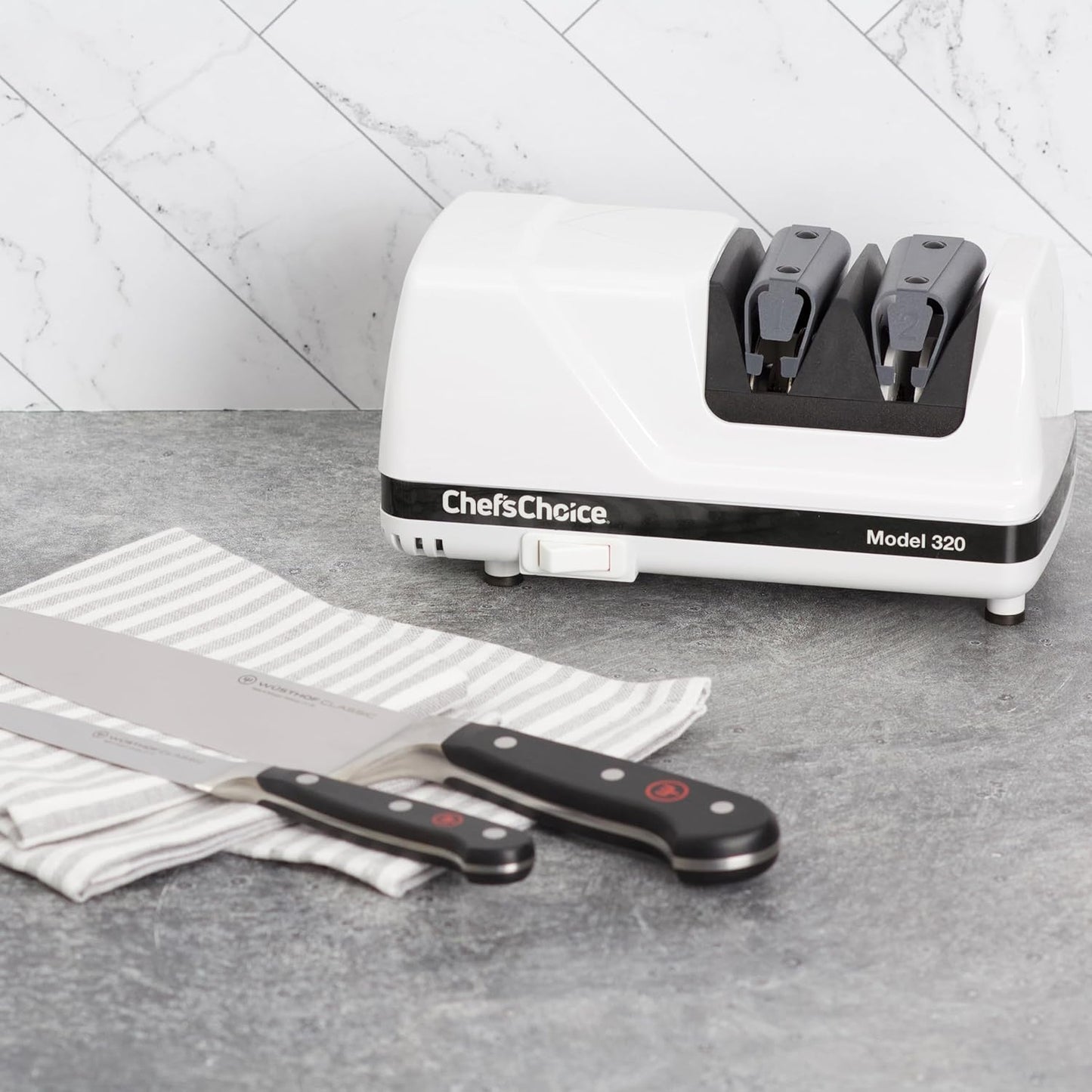 Professional Electric Knife Sharpeners FlexHone/Strop With 100-Percent Diamond Abrasives And Precision Angle Guides For 20-Degree Straight-Edge and Serrated Knives, 2-Stage, White
