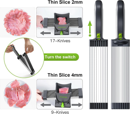 Meat Slicer for Fresh Raw Meat (Steady Grip), Manual Cutter, 17 Blades | Quick Fresh Meat Slicer with Steady Grip, Manual Cutter Slicer, Beef Pork Mutton for Cooking BBQ Hot Pot (2 or 4 mm) -Gray