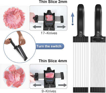 Meat Slicer for Fresh Raw Meat (Steady Grip), Manual Cutter, 17 Blades | Quick Fresh Meat Slicer with Steady Grip, Manual Cutter Slicer, Beef Pork Mutton for Cooking BBQ Hot Pot (2 or 4 mm) -Gray