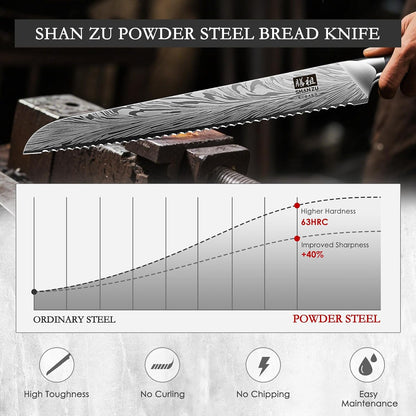 10 inch Bread Knife in Powder Steel, Serrated Bread Knife for Homemade Bread Sourdough Ultra Sharp Bread Slicer Knives with Ergonomic Pakkawood Handle for Sourdough, Turkey and Fruit