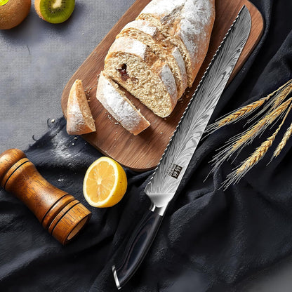 10 inch Bread Knife in Powder Steel, Serrated Bread Knife for Homemade Bread Sourdough Ultra Sharp Bread Slicer Knives with Ergonomic Pakkawood Handle for Sourdough, Turkey and Fruit