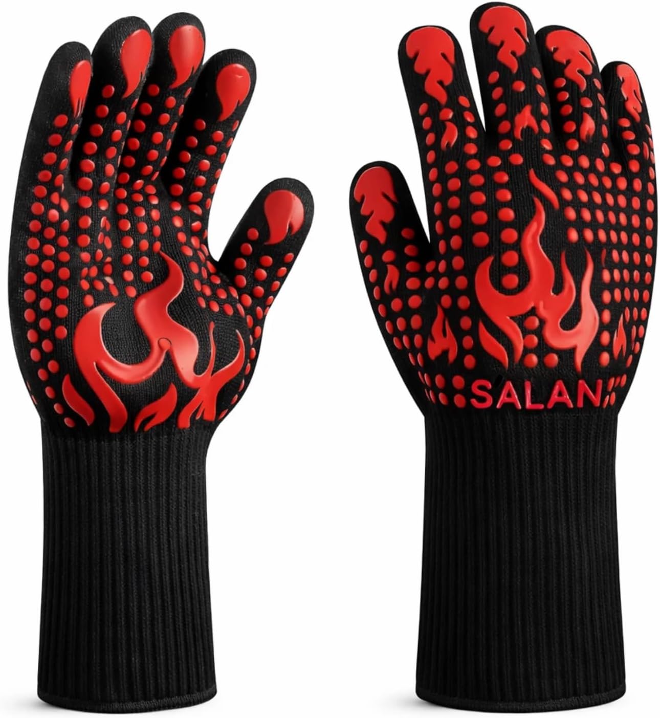 Heat Resistant BBQ Gloves, 1472°F Grilling Gloves with Silicone Non-Slip Grip, Long Oven Gloves for Cooking, Baking, Smoker, Grill, Fireplace, Cut Resistant Kitchen Gloves (Red)