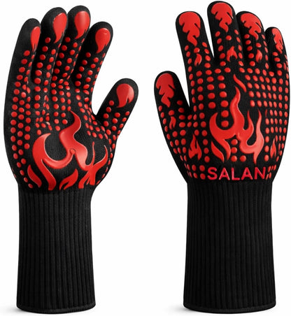 Heat Resistant BBQ Gloves, 1472°F Grilling Gloves with Silicone Non-Slip Grip, Long Oven Gloves for Cooking, Baking, Smoker, Grill, Fireplace, Cut Resistant Kitchen Gloves (Red)