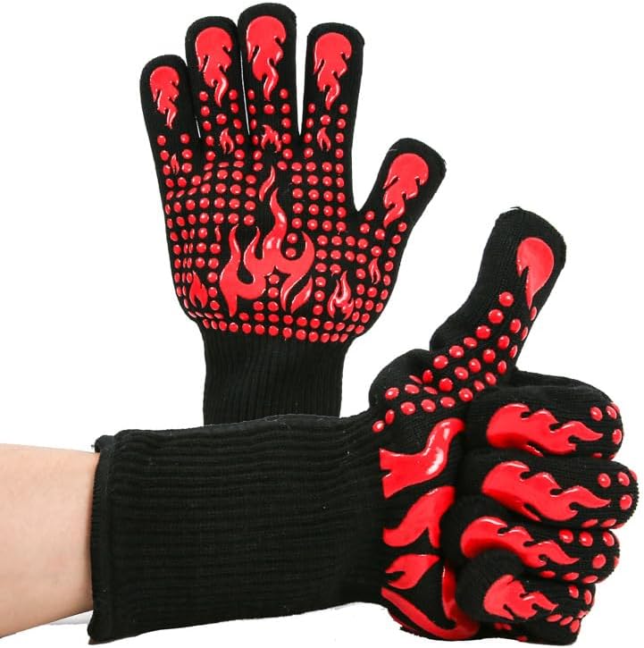 Heat Resistant BBQ Gloves, 1472°F Grilling Gloves with Silicone Non-Slip Grip, Long Oven Gloves for Cooking, Baking, Smoker, Grill, Fireplace, Cut Resistant Kitchen Gloves (Red)