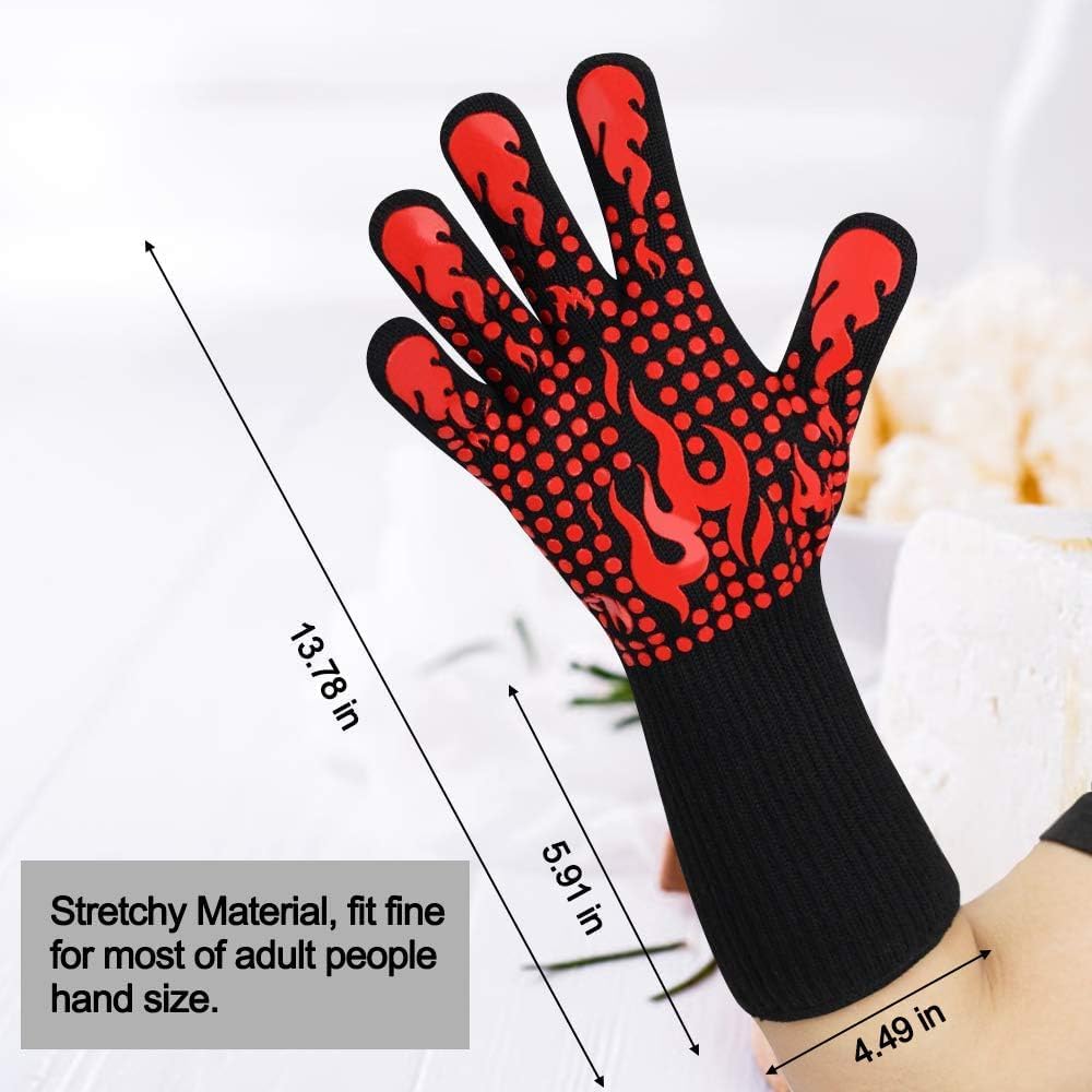 Heat Resistant BBQ Gloves, 1472°F Grilling Gloves with Silicone Non-Slip Grip, Long Oven Gloves for Cooking, Baking, Smoker, Grill, Fireplace, Cut Resistant Kitchen Gloves (Red)