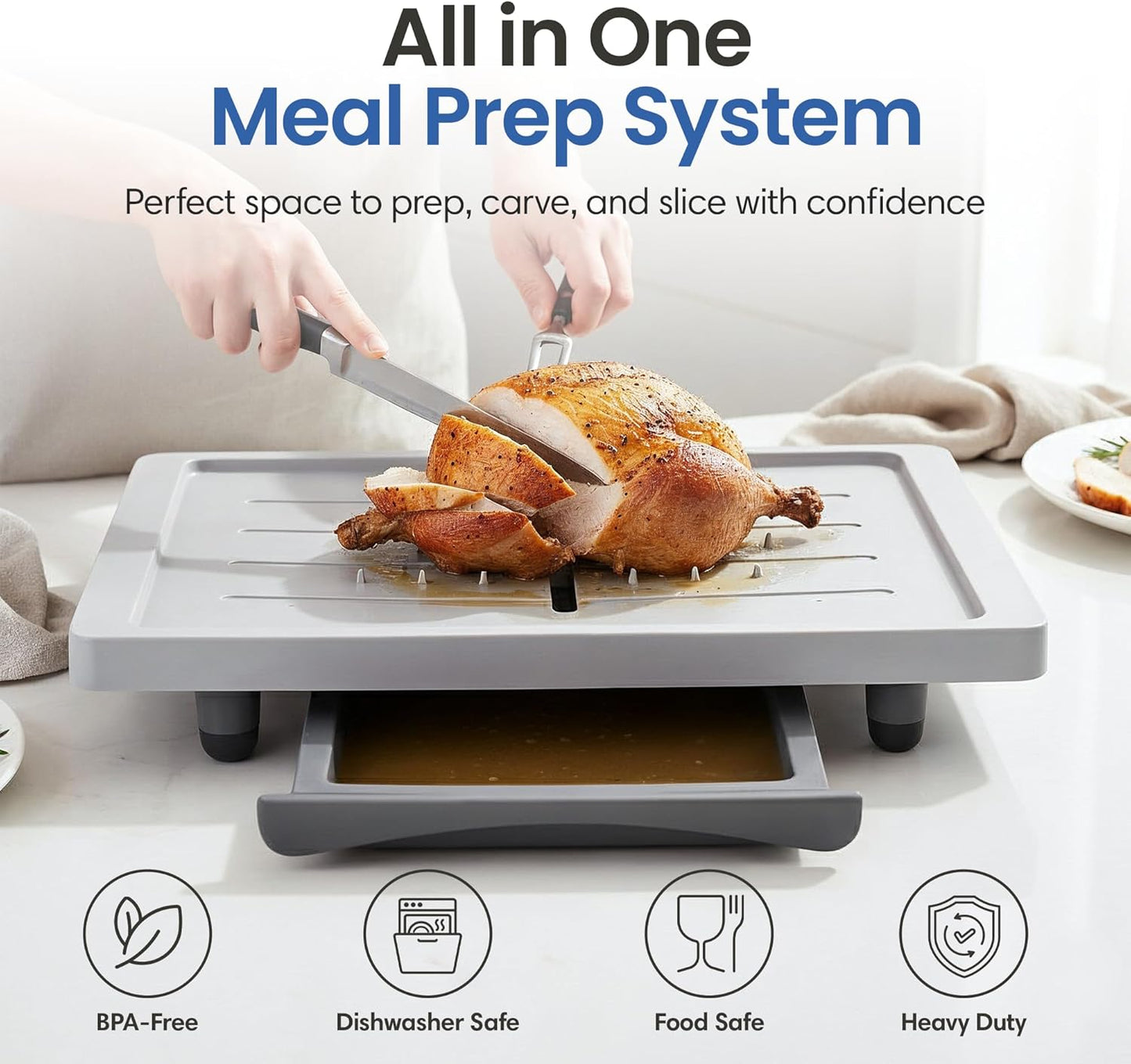 Large Cutting Board - Plus Meal Prep System with Juice Groove, Spikes, Drip Tray & Removable BPA Free Cutting Board - Patented Multi-Feature Design Carving Board - BBQ & Kitchen Essential
