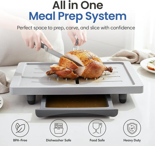 Large Cutting Board - Plus Meal Prep System with Juice Groove, Spikes, Drip Tray & Removable BPA Free Cutting Board - Patented Multi-Feature Design Carving Board - BBQ & Kitchen Essential