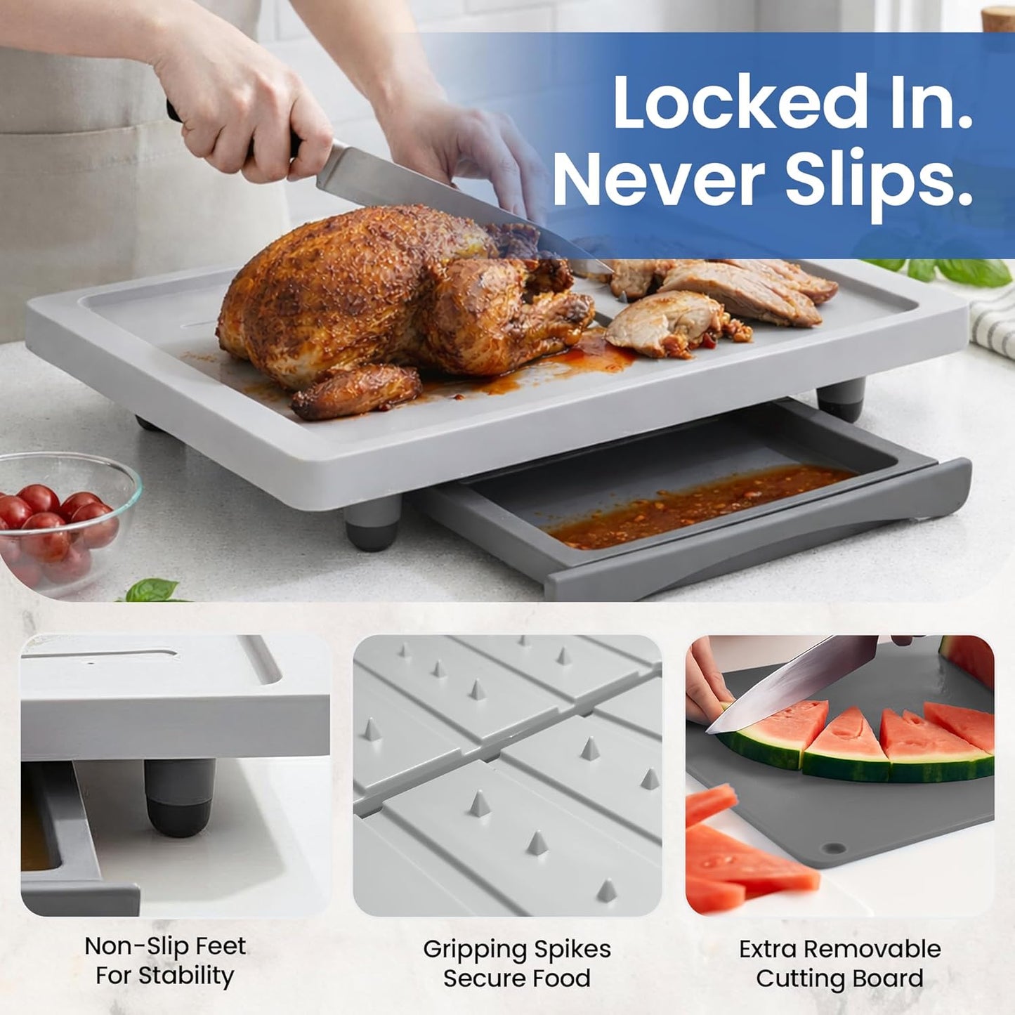 Large Cutting Board - Plus Meal Prep System with Juice Groove, Spikes, Drip Tray & Removable BPA Free Cutting Board - Patented Multi-Feature Design Carving Board - BBQ & Kitchen Essential
