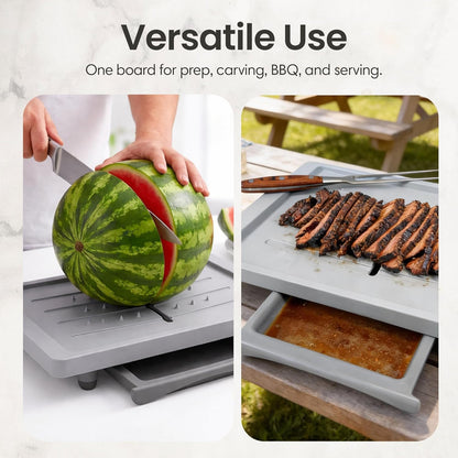 Large Cutting Board - Plus Meal Prep System with Juice Groove, Spikes, Drip Tray & Removable BPA Free Cutting Board - Patented Multi-Feature Design Carving Board - BBQ & Kitchen Essential