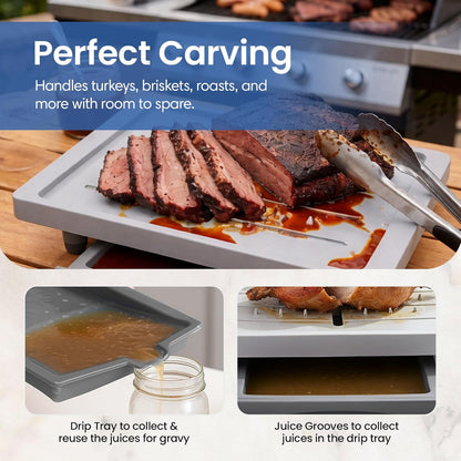 Large Cutting Board - Plus Meal Prep System with Juice Groove, Spikes, Drip Tray & Removable BPA Free Cutting Board - Patented Multi-Feature Design Carving Board - BBQ & Kitchen Essential
