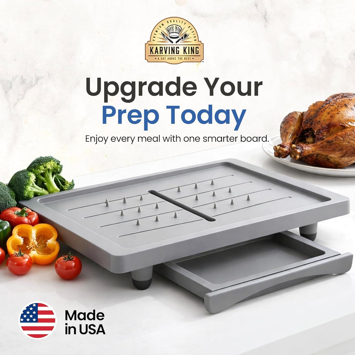 Large Cutting Board - Plus Meal Prep System with Juice Groove, Spikes, Drip Tray & Removable BPA Free Cutting Board - Patented Multi-Feature Design Carving Board - BBQ & Kitchen Essential