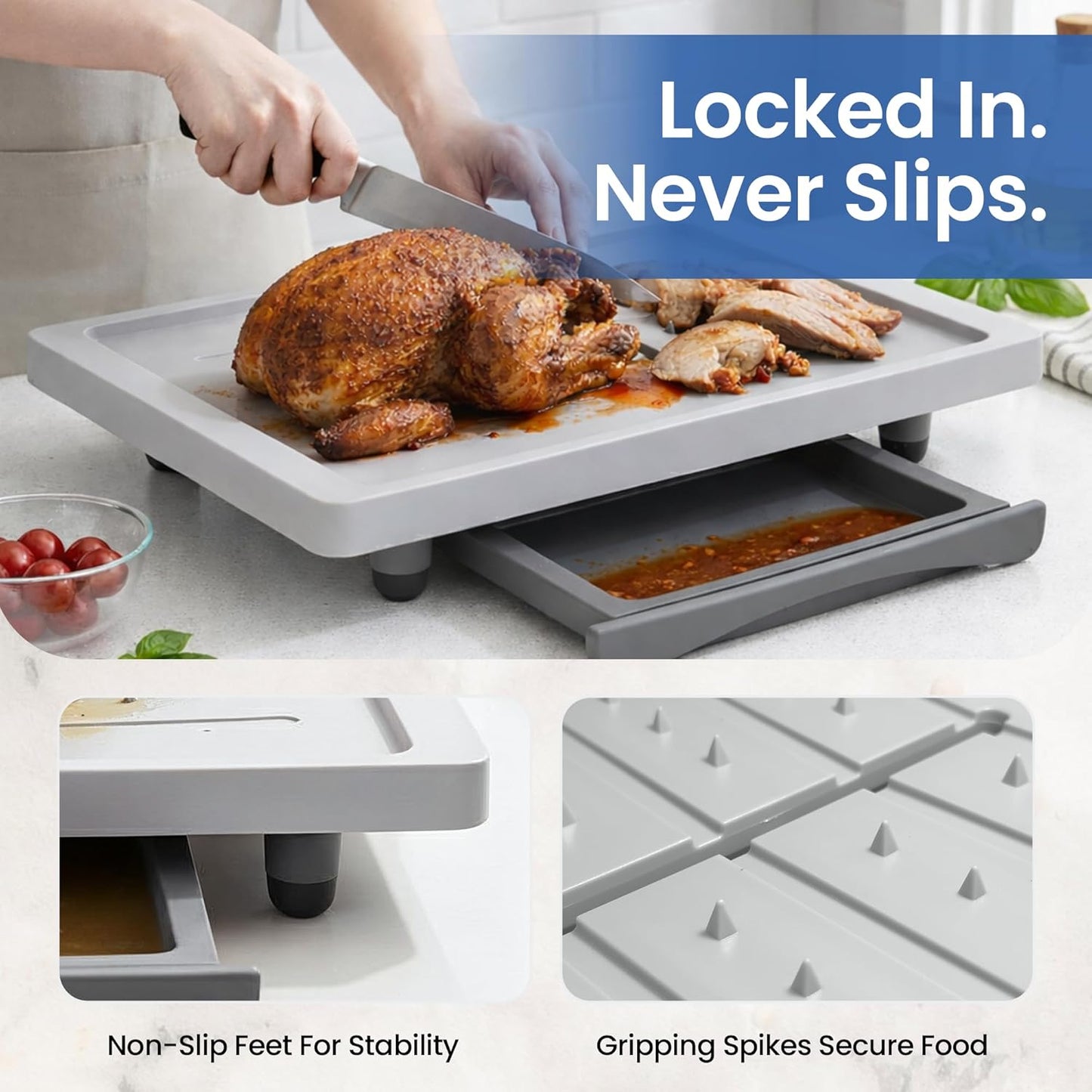 Large Cutting Board - Plus Meal Prep System with Juice Groove, Spikes, Drip Tray & Removable BPA Free Cutting Board - Patented Multi-Feature Design Carving Board - BBQ & Kitchen Essential